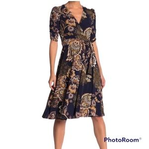 Eliza J Size 6 Dress Paisley
Floral Knee Length Faux Wrap Navy
Blue Gold